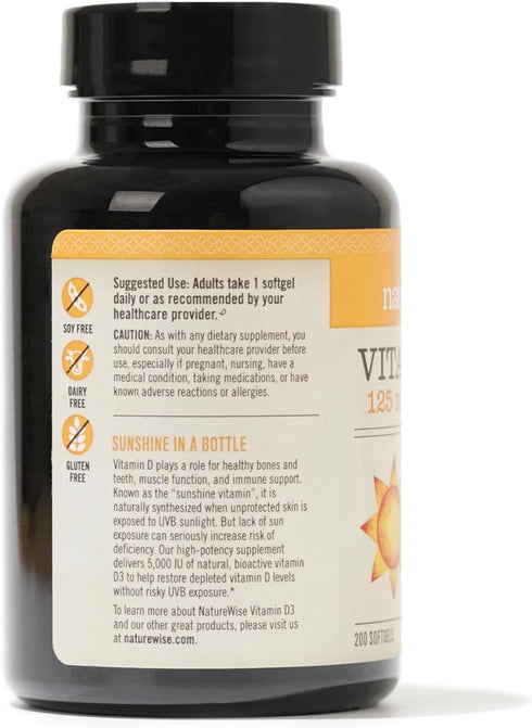 NatureWise Vitamin D3 5000iu (125 mcg) Healthy Muscle Function, and Immune Support, Non-GMO, Gluten Free in Cold-Pressed Olive Oil, Packaging Vary ( Mini Softgel), 200 Count