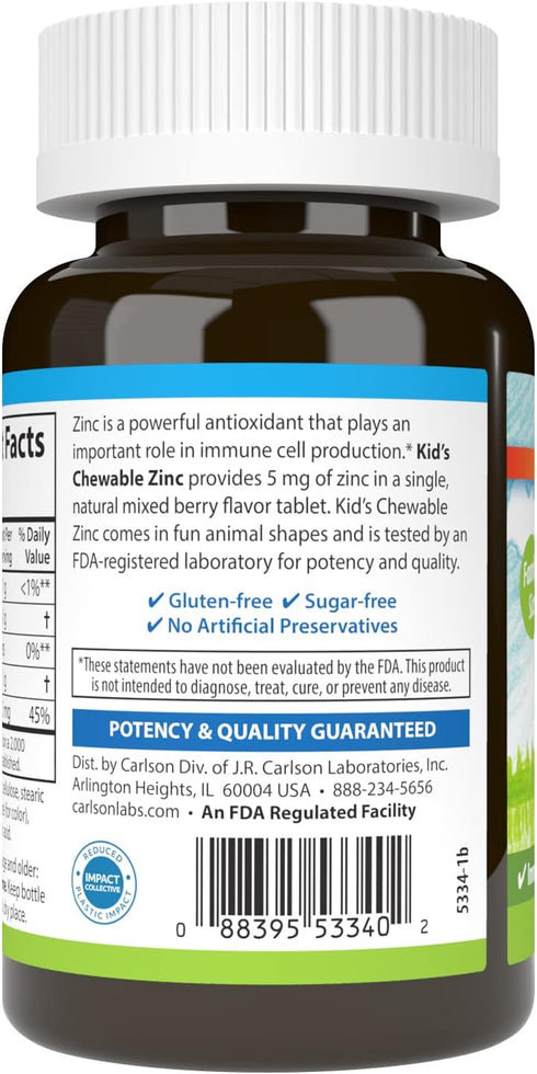 Carlson Kid's Chewable Zinc, 5 mg, Natural Mixed Berry Flavor, 160 Tablets for Health Support