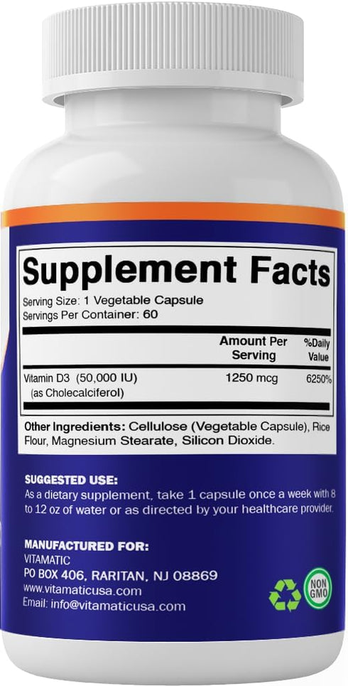 Vitamatic 3 Pack Vitamin D3 50,000 IU, Once Weekly Dose, 60 Veggie Capsules for Vitamin D Deficiencies