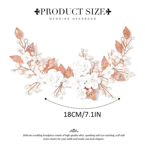 Unicra Rose Gold Flower Bride Wedding Hair Vine Pearl Bridal Hair Piece Leaf Accessories Rhinestone Headband