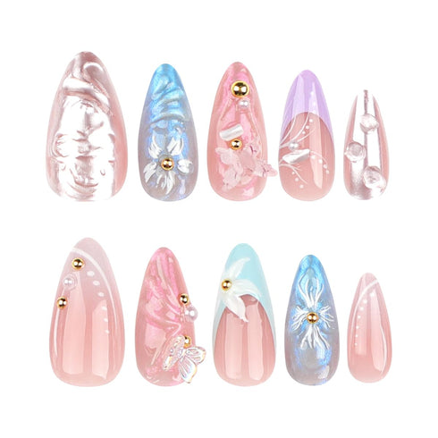 Stiletto Press on Nails, Medium Almond Fake Nails with French Tip and 3D Butterfly Flowers, 24Pcs Glossy Acrylic