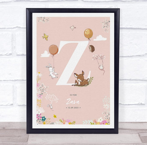 The Card Zoo Baby Birth Details Nursery Christening Woodland Animals Pink Initial Z Print