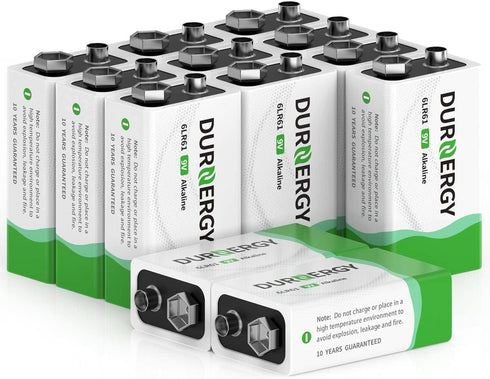 9V Batteries 12 Pack - 10-Year Shelf Life for Smoke Detector, Guitar Pedals, Square Alkaline Batteries