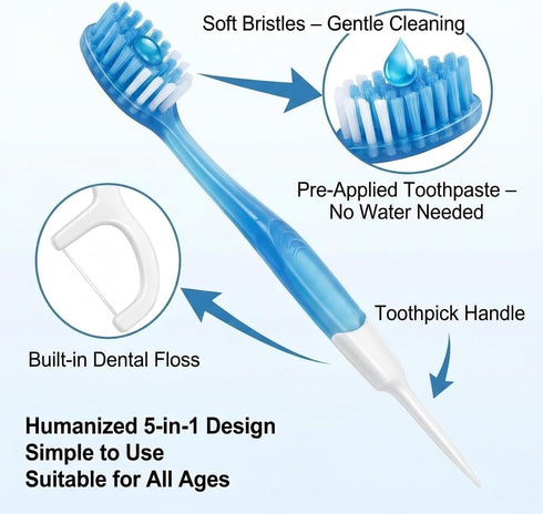HYLEBOR 65 Pack 5-in-1 Mini Disposable Toothbrushes Prepasted Travel Toothbrush with Toothpaste, Floss & Pick