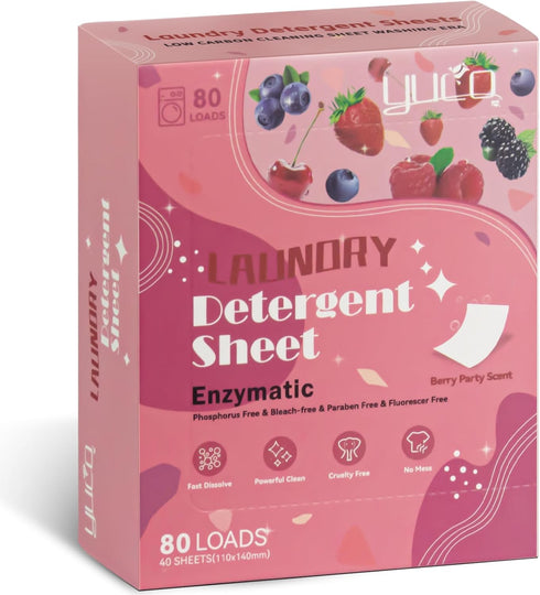 YUCO Laundry Detergent Sheets, Berry Scent, 80 Loads (40 Sheets), Eco-Friendly