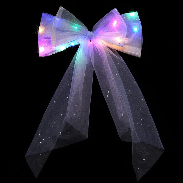 Jeairts LED Bow Clip - Glowing Rainbow Veil Wedding Hair Piece, Colorful Tulle Bow with Clips for Bachelorette Party