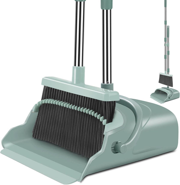 kelamayi Upgrade Broom and Dustpan Set, Large Size Stiff Broom with Long Handle for Indoor Outdoor Use (Green)