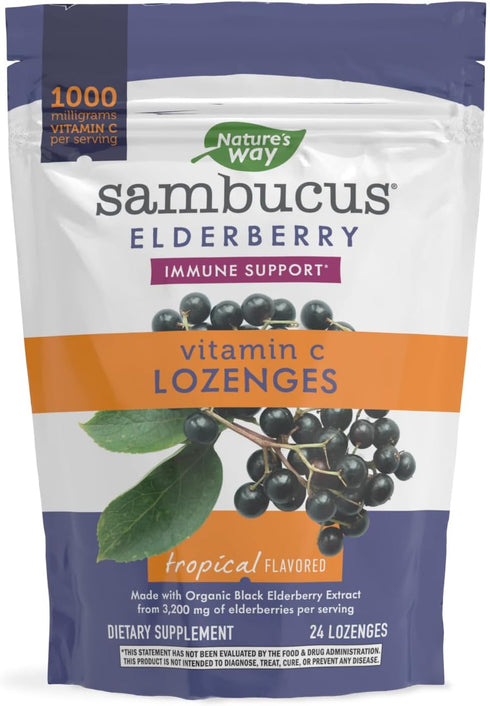 Nature’s Way Sambucus Elderberry Lozenges, 1000 mg Vitamin C per Serving, Tropical Flavor, 24 Count