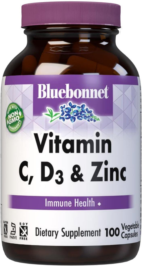Bluebonnet Nutrition Vitamin C, D3 & Zinc, for Immune Health and Respiratory Function*, 100 Vegetable Capsules, 100