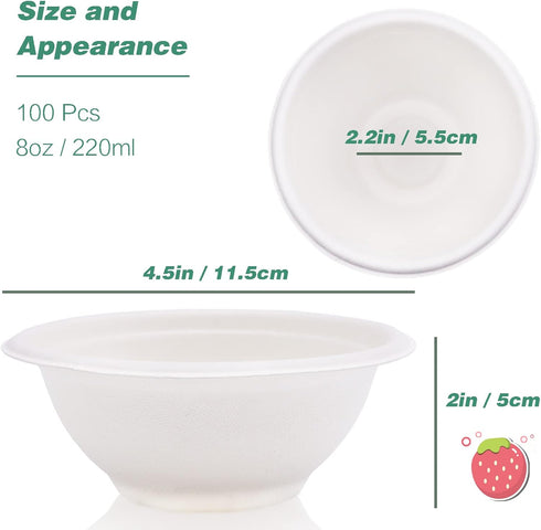 100 Pcs 8oz Disposable Paper Bowls,Natural Compostable Bowls,White Heavy-Duty Bagasse Bowls for Parties,Catering and Everyday Use by Hamiggaa