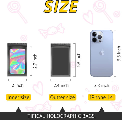 100 PCS Smell Proof Bag, Holographic Bags Packaging Bags for Small Business, Foil Freshies Bags for Food Storage, Sample Bags Resealable Bags for Eyelash, Jewelry, Valentines Day Gifts by TIFICAL
