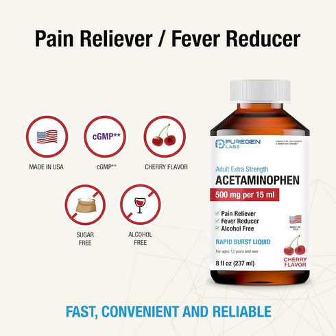 Puregen Labs Adult Extra Strength Acetaminophen Liquid 500mg/15ml - 8 fl oz Pain Reliever/Fever Reducer, Cherry Flavor
