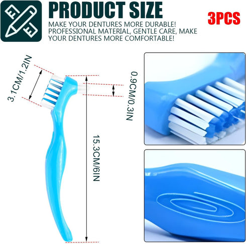 3Pcs Denture Toothbrush Double Heads Denture Brush Portable Denture Cleaning Tool Oral Care Set False Teeth Denture Cleaner Anti-Slip Handle Hygiene Denture Brush,Blue