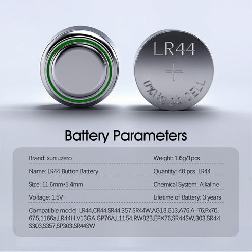 XUNIUZERO LR44 40 Count, AG13 357 303 SR44 L1154F A76 1.5V Batteries High Capacity Premium Alkaline Battery Button Coin