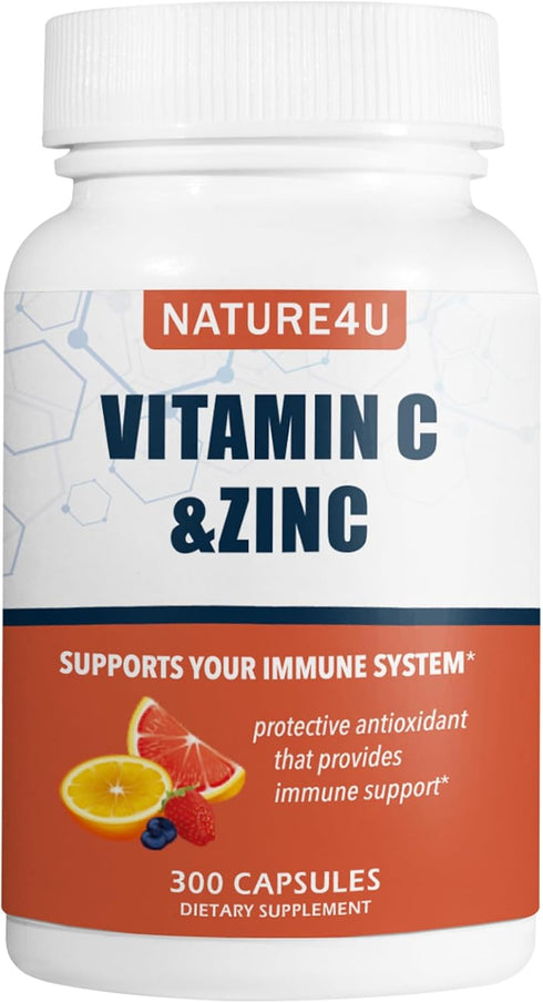 Vitamin C 1000mg with Zinc, Rose Hips & Citrus Bioflavonoids, Immune Support Antioxidant Supplement, 300 Capsules