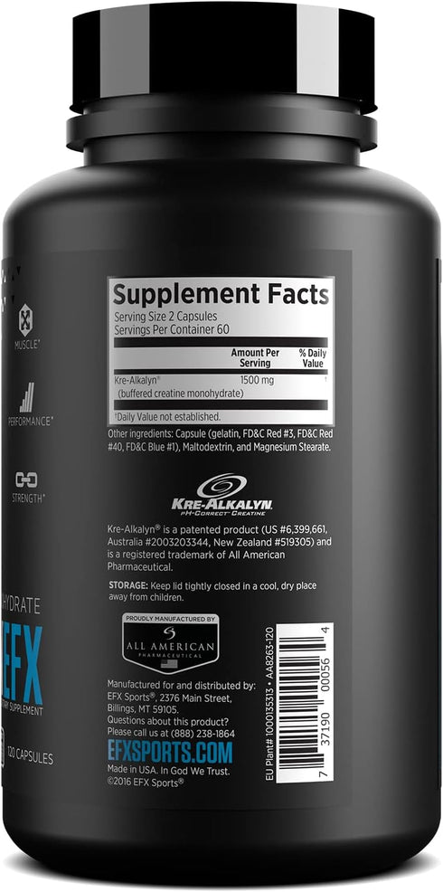 EFX Sports Kre-Alkalyn EFX, pH Correct Creatine Monohydrate Supplement, 60 Servings, 120 Capsules