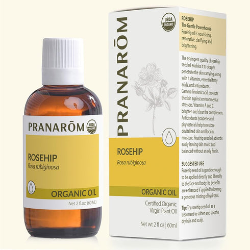Pranarom USDA Certified Organic Cold-Pressed Rosehip Virgin Plant Oil - 2 fl oz Glass Bottle for Anti-Aging, Acne Scar,
