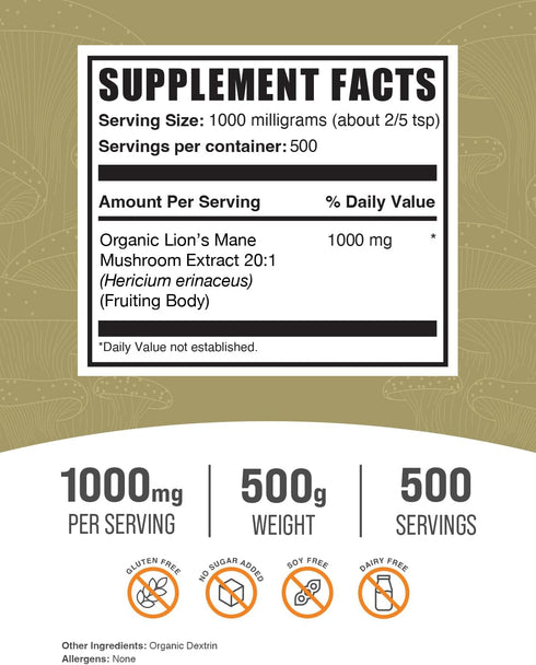 BulkSupplements.com Organic Lion's Mane Mushroom Extract Powder - Lions Mane Supplement Powder, Lion's Mane Extract - Mushroom Supplement, 1000mg per Serving, 500g (1.1 lbs) (Pack of 1)