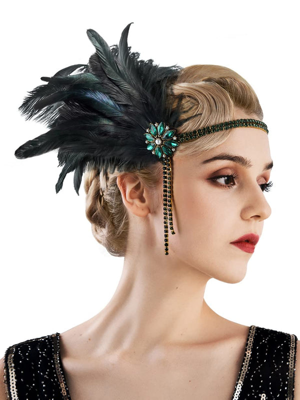 SWEETV 1920s Headpiece Flapper Headband, Rhinestone Pearl Feather Hair Band Great Gatsby Accessories for Women