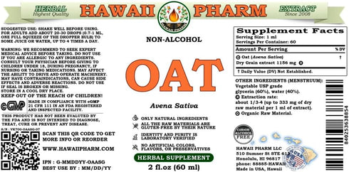 Hawaii Pharm 2 fl.oz Oat Alcohol-Free Liquid Extract, Oat (Avena Sativa) Dried Grain Glycerite Natural Herbal