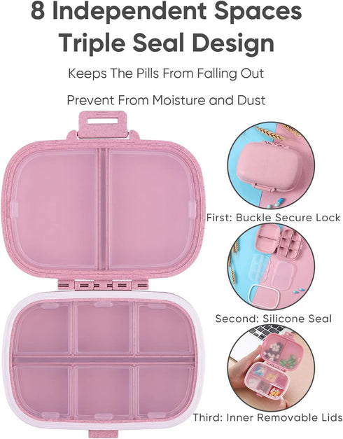 Holii Portable Travel Pill Organizer, 8 Compartments Daily Pill Box for Vitamins, Small Medicine Container (Pink)