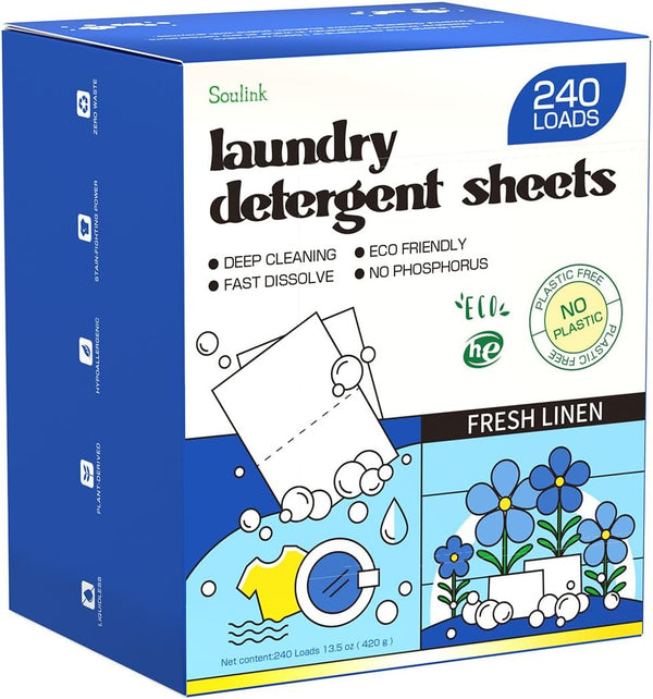Laundry Detergent Sheets, Fresh Linen Scent (240 Loads) - Eco Friendly, Plant-Based, Hypoallergenic Strips