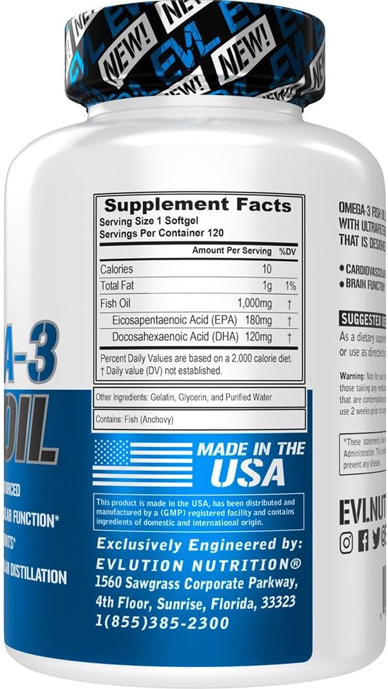 Evlution Nutrition Triple Strength Omega 3 Fish Oil - Burpless EPA DHA Supplement in Easy to Swallow Citrus Softgels -