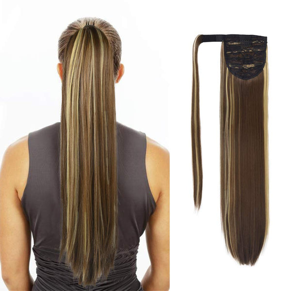 SEIKEA Clip in Ponytail Extension, Wrap Around Straight Hair for Women (28", Brown/Ash Blonde Mix)