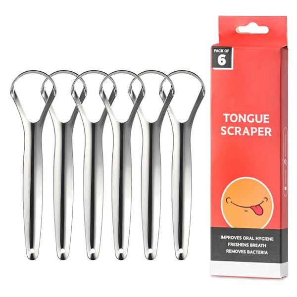 6 Pack Tongue Scraper for Adults, 100% Stainless Steel, Easy to Use Tongue Cleaner for Oral Hygiene