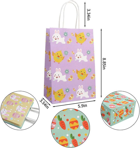 CCINEE 12PCS Easter Gift Bags, Bunny Kraft Paper Treat Bags with Handles for Kids Party Gift Wrapping