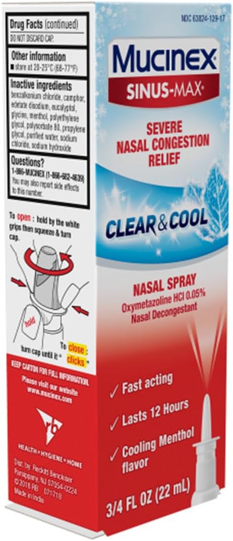 Mucinex Nasal Decongestant Spray, Sinus-Max Severe Nasal Congestion Relief, 0.75 Fl Oz (Pack of 4) - Fast Acting,