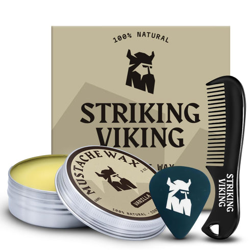 Striking Viking Mustache Wax & Comb Kit, 2 Oz Medium/Strong Hold, Vanilla Scent, Non-Greasy Mustache Grooming Kit