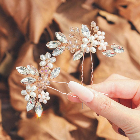 Unicra Bridal Hair Pins, Pack of 2 Rose Gold Crystal Flower Hair Accessories for Women and Girls Party Hair Clips