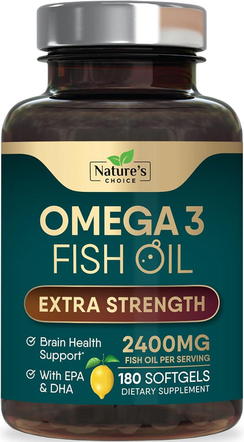Triple Strength Omega 3 Fish Oil 2400 mg Supplement, Nature's Omega-3 for Brain & Heart Health - 180 Softgels