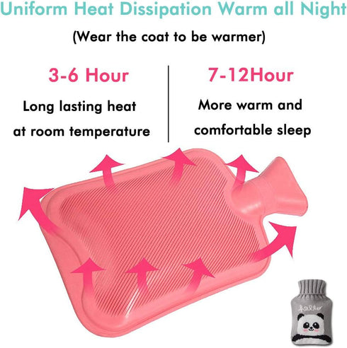 Drizzle Classic Rubber Hot Water Bottle - 2L Pink with Cute Panda Knitting Set for Pain Relief and Warmth