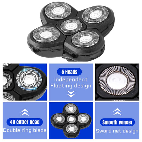 Shaver Blade Heads, 5 Heads Electric Razor Replacement Blade for Head and Face, Easy Install (Black)