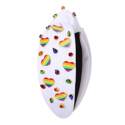 Pride Headbands for Women, Rainbow Heart Knotted Headband, Embellished Crystal Wide Top Knot Hair Accessories
