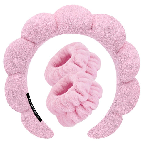 Spa Headbands for Washing Face, Makeup Skincare Wristband Set, Soft Terry Towel Cloth Hairband for Women (Pink).