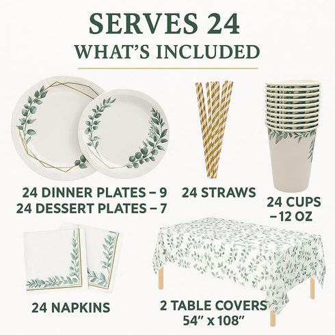 Set 24 Oojami Floral Party Supplies for Eucalyptus Greenery Plates, Cups, Napkins, Straws & Table Covers, Disposable