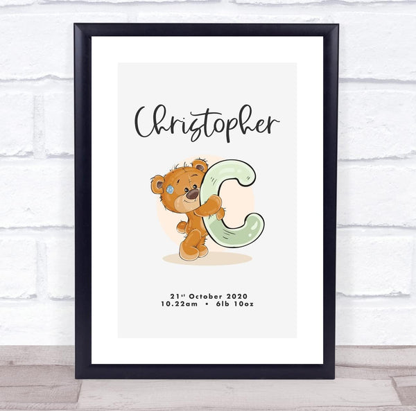 The Card Zoo New Baby Birth Details Christening Nursery Bear Initial C Keepsake Gift Print
