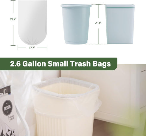 Jaoul Small Garbage Bags, 2.6 Gallon, 100 Counts, Tear & Leak Resistant Bathroom Trash Can Liners, White