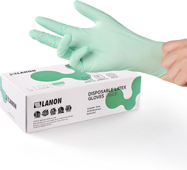LANON 5 mil Vitamin-E Coated Latex Disposable Gloves, Food-Contact Grade, Green, Small