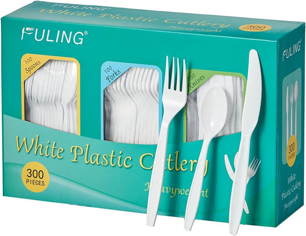 FULING White Plastic Forks, Spoons, Knives Heavyweight Utensils, Disposable Silverware Heavy Duty Cutlery Set [300