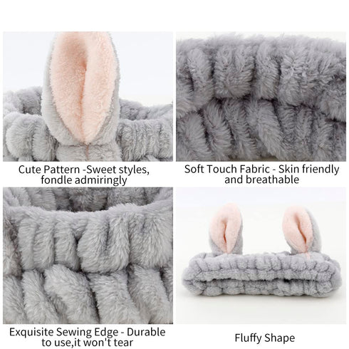 AHONEY Animals Ears Headbands - Cute Fuzzy Skincare Headband for Washing Face, Coral Fleece Hair Band (4Pcs)