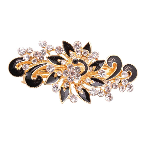 Women's Multilayered Peacock Shaped Rhinestone French Barrette Hair Clip, Black