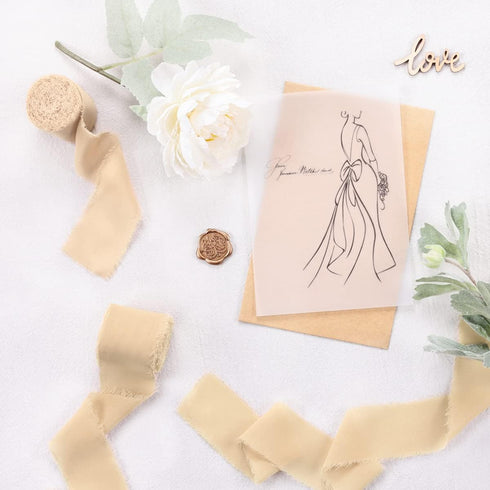 Socomi Champagne Handmade Fringe Chiffon Silk Ribbon - 1-3/4" x 7Yd, 4 Rolls for Wedding Invitations