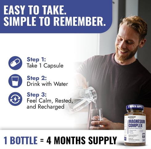 Magnesium Complex Supplement, 4 Month Supply of 500mg 5-in-1 Bisglycinate, Oxide, Taurate, Aspartate, Citrate for Calm,