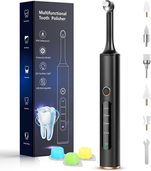 Tooth Polisher, Rechargeable Electric Whitening Kit for Daily Teeth Whitening and Cleaning, 3 Polish Pastes, 5 Brush