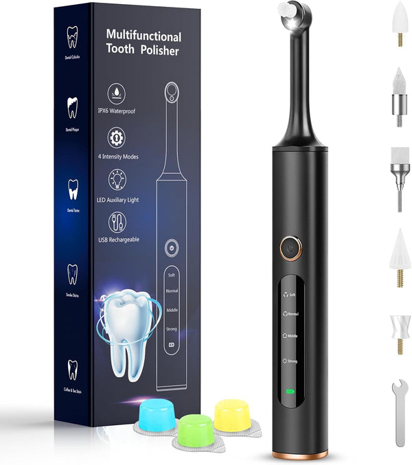 Tooth Polisher, Rechargeable Electric Whitening Kit for Daily Teeth Whitening and Cleaning, 3 Polish Pastes, 5 Brush