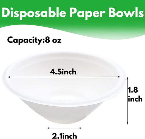 100 Pack White Disposable Paper Bowls,8oz Natural Compostable Bowls,Eco-friendly Paper Biodegradable Bowls for Party,Salad,Dessert by Haawooky